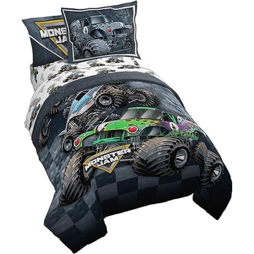Jay Franco Monster Jam Slash 5 Piece Twin Bed Set - Includes Reversible Comforter&Sheet Set-Bed Set Features Grave Digger&Megalodon-Super Soft Fade Resistant Microfiber