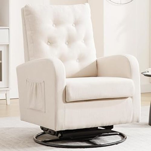 Swivel Glider Nursery Chair, Comfy Rocker Armchair for Nursery Modern Accent Glider Rocking Chair with High Back for Indoor Living Room Bedroom Baby Room (Beige)