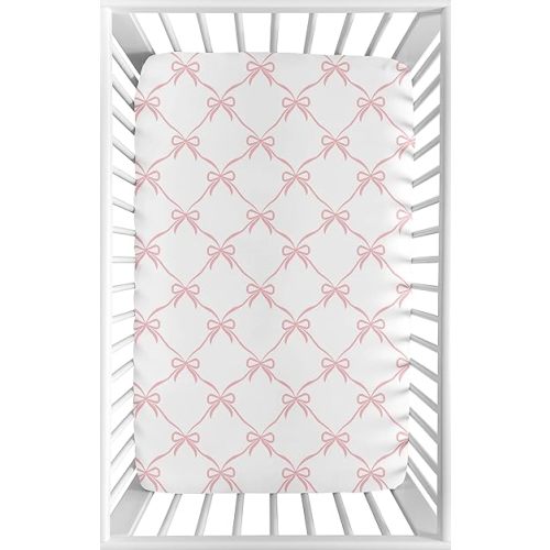 Sweet Jojo Designs Baby Mini Crib Sheets (Pink Bows) for Girls, Newborn, Infants/Nursery Room, Fitted Portable Pack and Play Mattress Sheet (Blush, Bow, Ballerina, Ballet Dancer, Princess Collection)