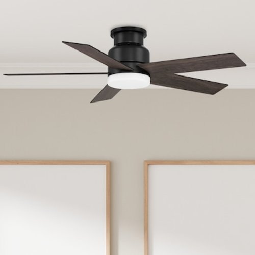 Harbor Breeze Bristle 44-in Matte black LED Indoor Flush Mount Ceiling Fan with Light and Remote (5-Blade) AR13-44BLK at Lowes.com