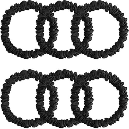 6PCS 100% Mulberry Silk Scrunchies Small Black Silk Hair Ties No Damage Satin Hair Scrunchies for Women Girls Simple Versatile High Elasticity DEMAZALO