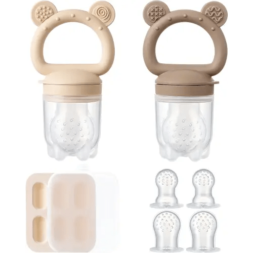 2 Pack Silicone Baby Fruit Feeder with Mini Freezer Tray, Breastmilk Popsicle Molds for Baby Teething Relief, Teethers, Fresh Food Feeder for Safe Infant Self Feeding, Extra Food Pouches - Chocolate
