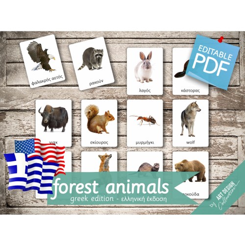 FOREST ANIMALS (real pictures) GREEK Edition • 22 Greek and 22 English Editable Montessori Flash Cards Nomenclature preschool Pdf Printable