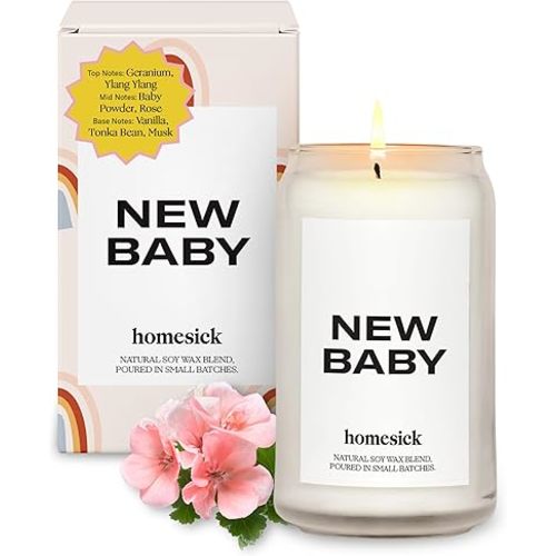 Homesick Scented Candles for Home (New Baby) - 13.75 oz Long-Lasting Natural Soy Wax Blend Jar Candle Gifts & Couples Baby Shower Favors, 60-80 Hours Burn Time - Notes of Geranium & Vanilla