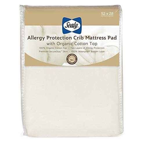 Sealy Organic Cotton Top Waterproof Toddler and Baby Crib Mattress Pad Cover Protector - 52" x 28" - White