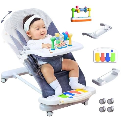 CuddoBaby Baby Bouncer 4-in-1 with Wheels, Detachable Piano, Feeding Tray, Play Bar, Thick Base. 3-Level Incline Portable Seat for Infant to Toddler 0-6, 0-12, 12-24 Months, Upto 29Lbs - Blue