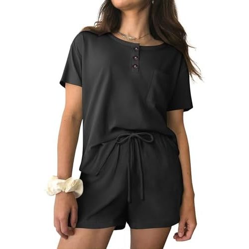 Ekouaer Womens Pajama Sets 2 Piece Ribbed Knit Pjs Short Sleeve Soft Sleepwear Summer Lounge Sets