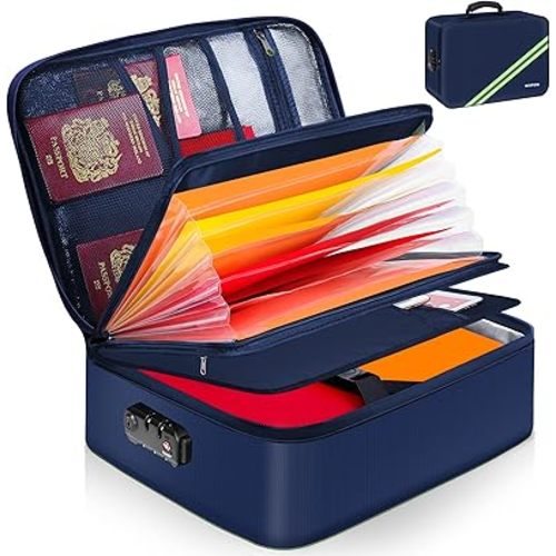 Noiposi Document Organizer with 5200℉ Heat Insulated,16.1"x11.4"x4.3" Waterproof and Fireproof Document Box,Portable Home Travel Safe Storage Box for Important Documents and File,Blue