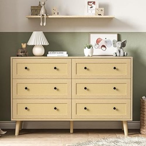 Rattan Dresser for Bedroom, Modern 6 Drawer Double Chest with Black Handles, Boho Natural Wood Dressers & Chests of Drawers
