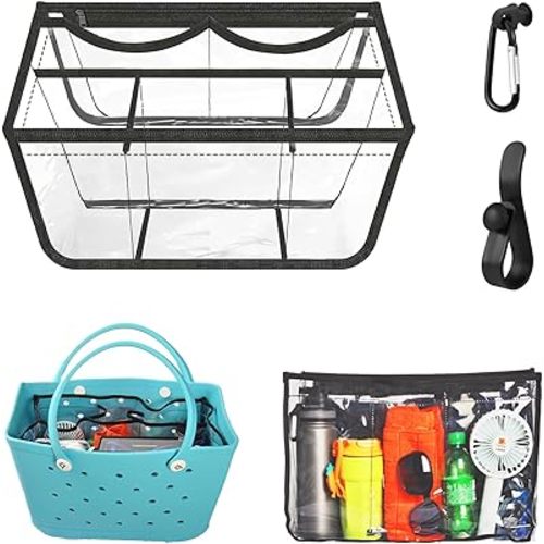 Clear Beach Bag Organizer Compatible with Bogg Bag X Large Size, PVC Insert Divider Liner for XL Bogg Bag Accessories (Clear-Black)