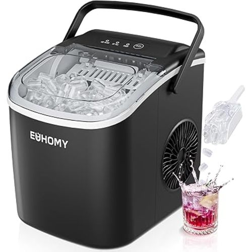 EUHOMY Countertop Ice Maker Machine with Handle, 26lbs in 24Hrs, 9 Ice Cubes Ready in 6 Mins, Auto-Cleaning Portable Ice Maker with Basket and Scoop, for Home/Kitchen/Camping/RV. (Black)