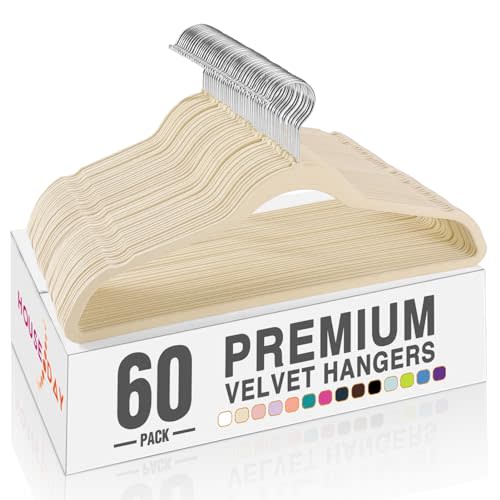 HOUSE DAY Beige Velvet Hangers 60 Pack, Non Slip Clothes Felt Hanger Heavy Duty for Coat, Premium Slim Space Saving Suit Hangers for Closet Organizer, 360 Rotating Silver Hook