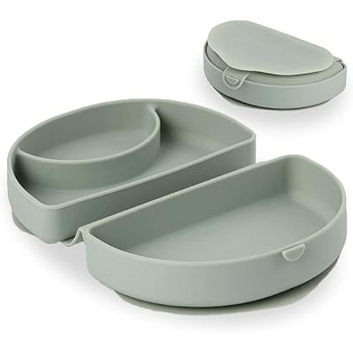 Miniware Baby Plate with Suction, Foldable Silicone Toddler Plate for Travel, Baby Suction Plate, Dishwasher Safe, BPA Free, Self Feeding Silicone Plate for Babies & Toddlers, Sage Silifold