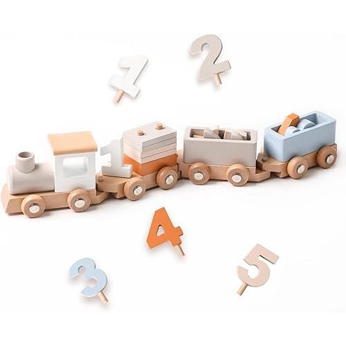 Wooden Train Set for Toddler Toys 14pcs Montessori Train Toy Set for Baby 3-5 Years Wooden Train Cars with 1 2 3 4 5 Numbers & Blocks Birthday Gift for Boys Girls