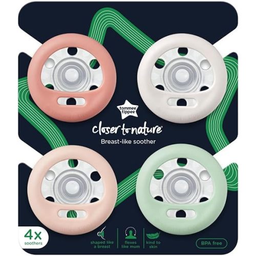 Tommee Tippee Breast-Like Pacifier, 0-6 Month Pack of 4 Pacifiers with Breast-Like baglet, Symmetrical Design, BPA Free