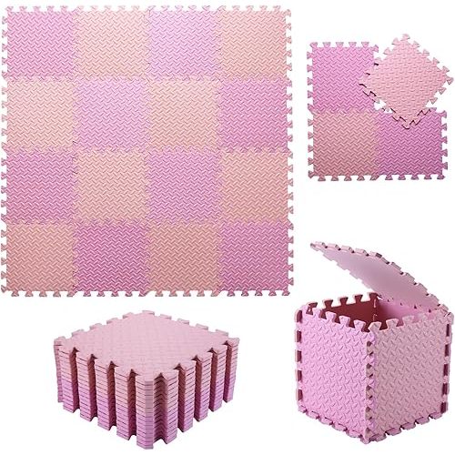 Foam Play Mat for Baby, 0.4 Inch Thick Foam Interlocking Floor Mats, Soft Non-Toxic Baby Playmat, Solid Colored Puzzle Play Mat Kids Floor Mats, 16 Tiles, Pink/Loli Pink