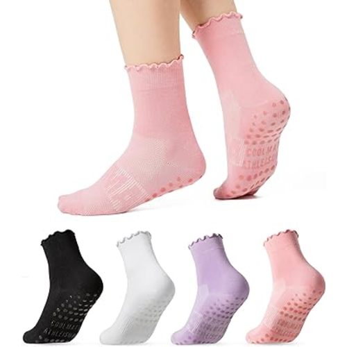 COOLMATE 4 Pairs Ruffle Pilates Socks with Grips for Women, Cute Non - Slip Crew Socks for Yoga, Barre, Lagree, Pregnant (US, Numeric, 6, 10, Regular, Regular, 4, Black/White/Light Purple/Pink)