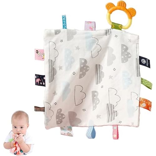HECCEI Baby Tags Security Blankets - Baby Soothing Plush Blanket with Colorful Tags, Square Sensory Toys, 10 x 10 inches, for 3-12 Months Babies