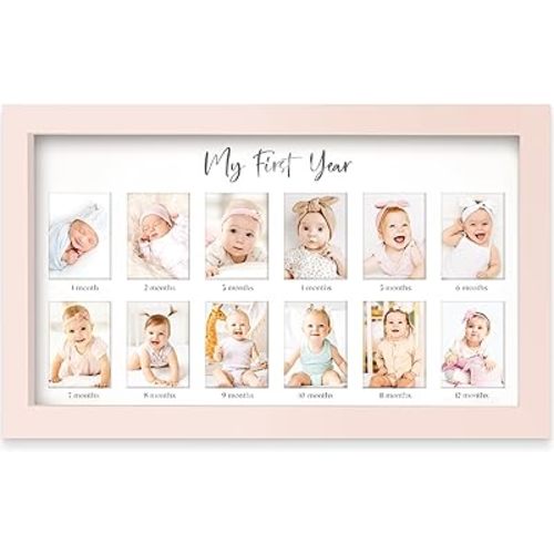 My First Year Photo Frame,12 Months Baby Picture Frame for Newborn Girl, Boy-Baby Shower Gifts Keepsakes,Monthly Baby's One Year Birthday Milestone,1st Nursery Photo Collage Display Board (Petal Pink)