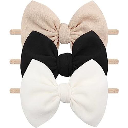 YanJie Baby Girls Nylon Headbands Newborn Bows Handmade Hair Hairbands Accessories for Infant Toddlers Kids(Beige Black White)