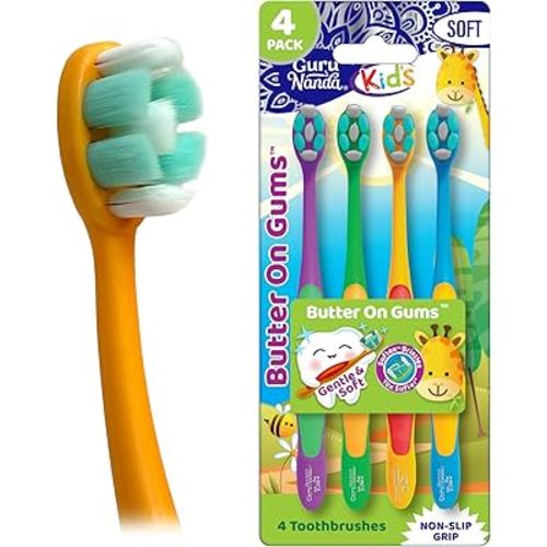 GuruNanda Butter On Gums Kids Toothbrush - 4 Pack Extra Soft Bristles Toothbrush for Kids, Multi-Colored & Fun to Use for Beginner Cleaning - Ergonomic Grip Handle - BPA & Cruelty-Free (Age 3+)