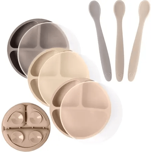 WeeSprout 3 Suction Plates with Lids & 3 Soft-Tip Spoons Bundle - Complete Mealtime Set - Silicone Baby Dinnerware - Divided Toddler Plates - Microwave & Dishwasher Safe