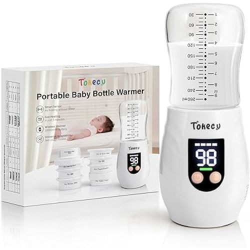 Portable Bottle Warmer for Travel, Baby Bottle Warmer for Breastmilk On The Go with Glass Bottle, 8 Adapters, Double Leak-Proof, Fast Heating, Multi-Level Temperature Control, Automatic Warm-Keeping