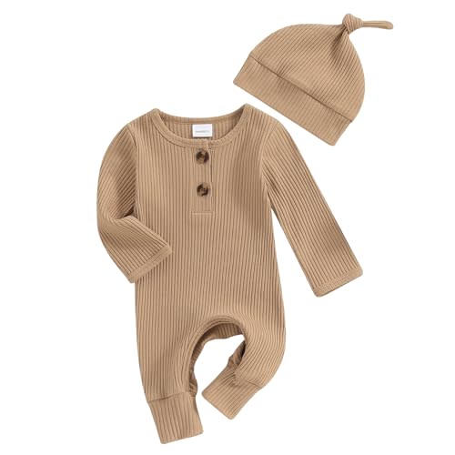 Infant Boys Girls Clothes Set Newborn Baby Romper Hat Ribbed Knit Long Sleeve Button Solid Bodysuit Jumpsuit