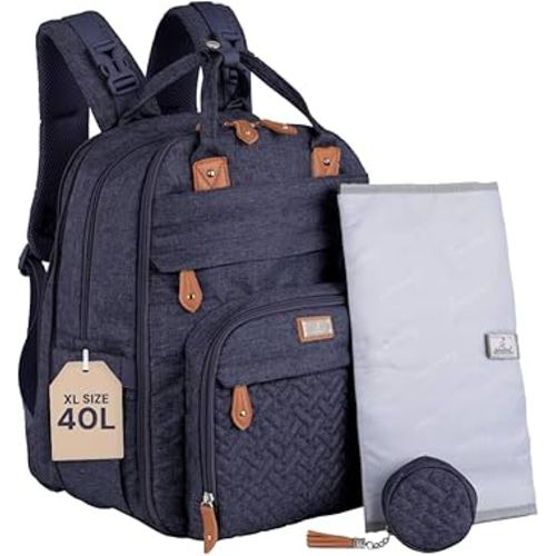 BabbleRoo Extra Large Diaper Bag Backpack, Expandable Baby Bag with Up to 50% More Capacity - Travel Essentials Baby Bag Tote with Changing Pad, Stroller Straps & Pacifier Case - Unisex, Denim Blue