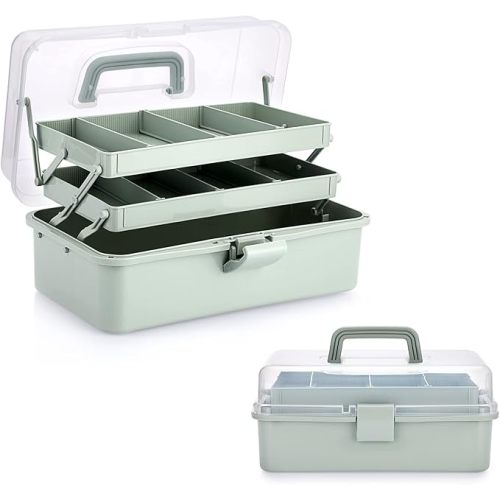BTSKY 3-Layer Plastic Dividing Storage Box Craft Organizer and Storage with Adjustable Spacers Portable Handled Art Supply Organizer Multipurpose Home Utility Box for Medicine Sewing(Haze Green)