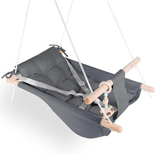 Baby Swing Indoor and Outdoor, Canvas Hammock Swing for Baby to Toddler with a Comfortable Seat, Macaroon Wooden Toy, Adjustable 5-Point Harness,Gift for Baby Boys Girls, 3 Modes, Dark Grey