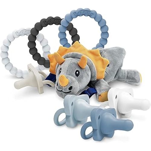 Dr. Brown's HappyPaci 100% Silicone Pacifier, Flexees Beaded Teether Rings, and Lovey Pacifier Holder & Teether Clip, Triceratops