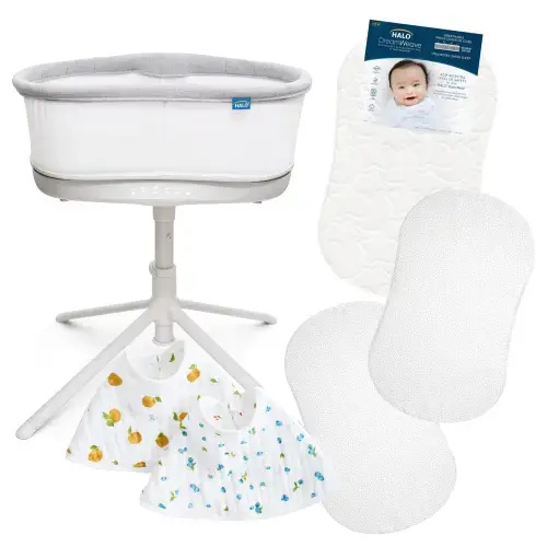 Smart BassiNest Baby Bundle | HALO x aden+anais | Sheet Colors Wanted: WHITE + HERRINGBONE | Burpy Bibs 2 Pack- Color: HERITAGE FLORAL
