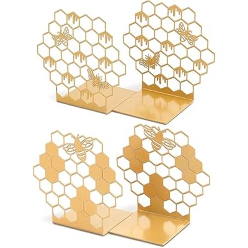 Eersida 2 Pair Honeycomb and Bees Bookends for Shelves Decorative Bee Inspired Honeycomb Book Ends Metal Non Skid Gold Book Ends Heavy Duty Modern Book Holders L Shaped Book Stopper for Table Home
