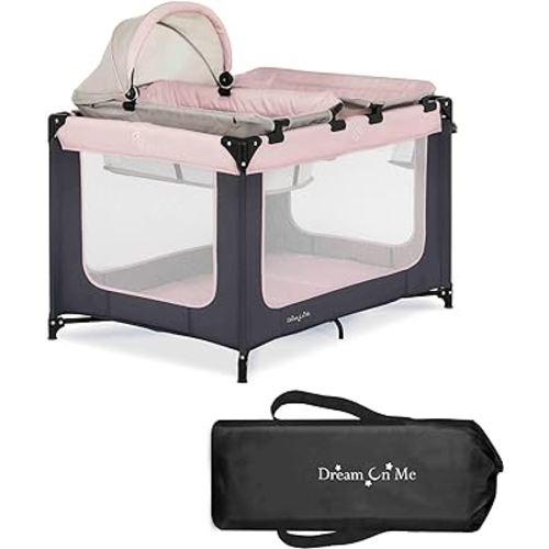 Dream On Me Emily Rose Deluxe Playard in Pink with Infant Bassinet and Changing Tray, Lightweight Portable and Convertible Playard for Baby, Breathable Mesh Sides and Soft Fabric