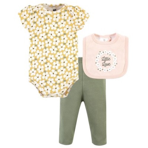 Hudson Baby Infant Girl Cotton Bodysuit, Pant and Bib Set, Sage Floral Wreath, Size: 6-9 months