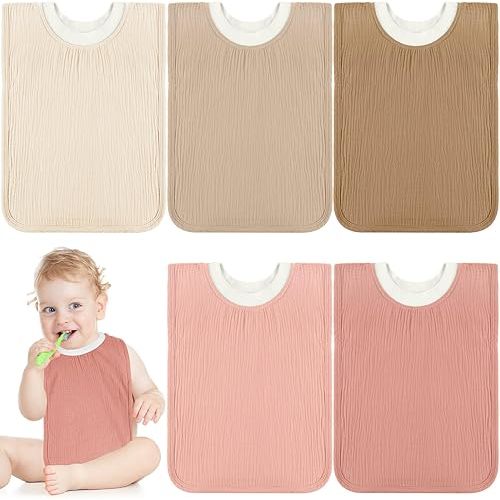 Newwiee Large Muslin Pullover Baby Bibs Full Coverage Toddler Slip on Absorbent Bib Waterproof Toddler Towel Bibs(Cute Color, 5 Pcs)