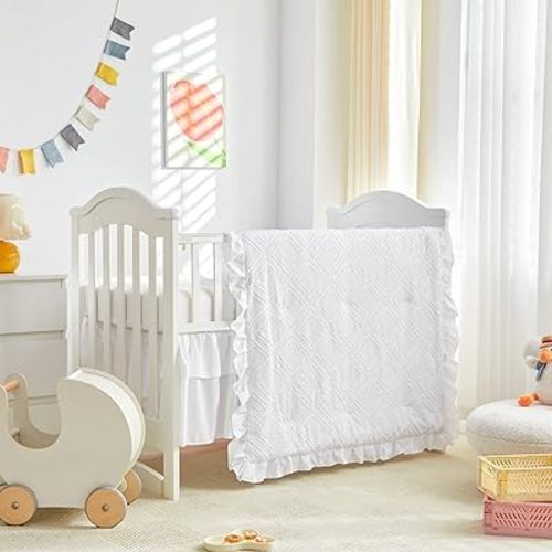 Tufted Ruffle Crib Bedding Set 3 Pieces Baby Boho Quilted Comforter with Fitted Sheet and Bed Skirt - Cute Ruffled Shabby Chic Baby Bedding Soft Blanket Design White