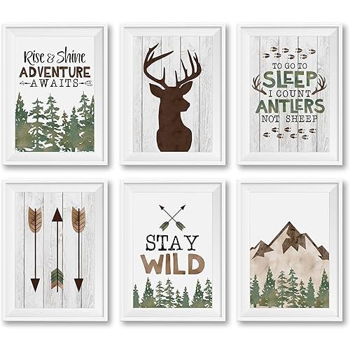 Hadley Designs 6 Reversible 8x10 Hunting Decor Prints, Unframed Deer Wall Art, Adventure Nursery Decor For Boys, Woodland Nursery Wall Decor For Boys Bedroom, Baby Boy Nursery Decor