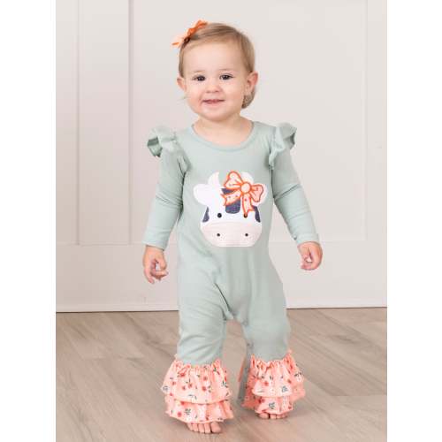 Mint & Coral Embroidered Cow Floral Ruffle Romper