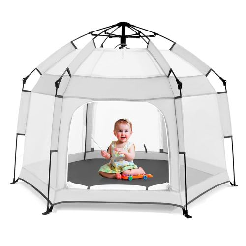 Baby Playpen with Canopy, Portable Baby Beach Tent, Toddler Play Yard Indoor and Outdoor, Foldable Mosquito Net for Infant - Light Grey