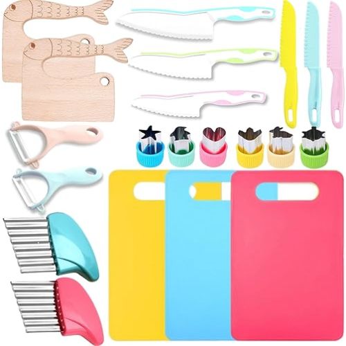 21 Pcs Montessori Kitchen Tools for Toddlers-Kids Cooking Sets Real-Toddler Safe Knives Set for Real Cooking with Toddler Safe Knives Crinkle Cutter Kids Cutting Board Toddler Birthday Gift Christmas.
