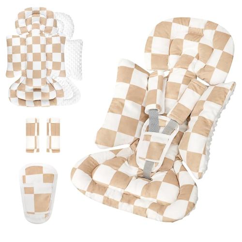 DILIMI Infant Car Seat Insert, Baby Car Seat Head Support with 3 Strap Paddings, Soft Newborn Car Seat Cushion for Stroller, Swing, Bouncers, Brown Checkered