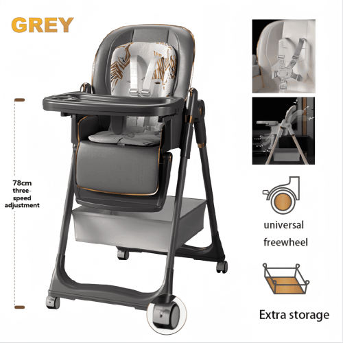 Baby Feeding High Chairs,Baby Portable Folding Dining Chairs for 6 Months to 3 Years,Adjustable Height,PU leather,Unisex,Gray