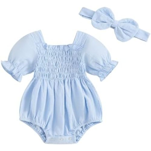 MERSARIPHY Baby Summer Clothes Newborn Infant Girl Smocked Pleated Romper Bubble Short Sleeve Bodysuit Outfits