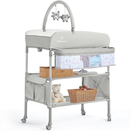 BabyBond Portable Baby Changing Table, Foldable Diaper Changing Table Dresser Waterproof Height Adjustable Changing Station for Infant and Newborn(Beige)