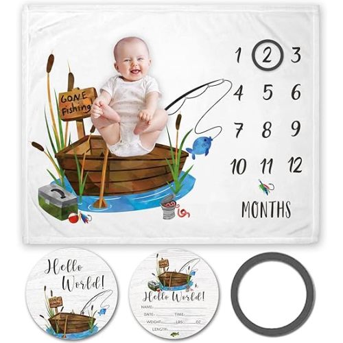 Yuzioey Fishing Baby Milestone Blanket with Birth Stat Sign, Gone Fishing Baby Growth Chart Monthly Blanket, Watch Me Grow Fishing Boat Baby Nursery for New Moms Baby Shower(50""x40""), Crib, Blue