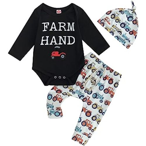 Twopumpkin Infant Baby Boy Farm Letter Bodysuit Romper and Long Pants Newborn Coming Home Outfit Cute Clothes Sets with Hat