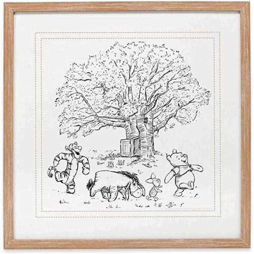 Disney Winnie the Pooh and Friends Sketched Scene Framed Wood Wall Decor - Large Vintage Winnie the Pooh Picture - Tan/Black