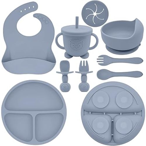 Silicone Baby Feeding Set | Baby Led Weaning Supplies Includes Suction Bowls and Divided Plates, Adjustable Bib, Baby Utensils Spoons and Forks,Cup | Baby Feeding Essentials (Beige)